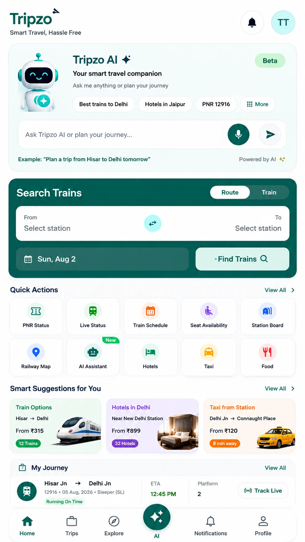 Tripzo's home screen: the assistant, train search, and quick actions.